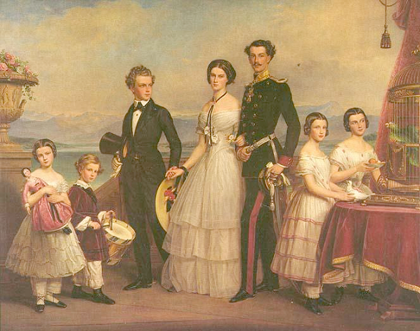 Enfants de Maximilien Joseph de Wittelsbach et de Marie Louise de Bavière en 1854 : Sopherl, 7 ans, Mapperl, 5 ans, Gackel, 15 ans, Néné, 20 ans, Louis-Guillaume, 23 ans, Spatz, 11 ans et Marie, 13 ans